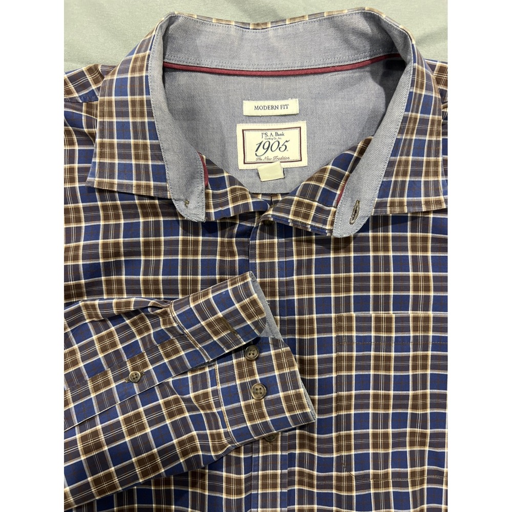 Jos. A. Bank 1905 Mens XL Modern Fit Plaid Button Down Shirt Blue Brown Cotton